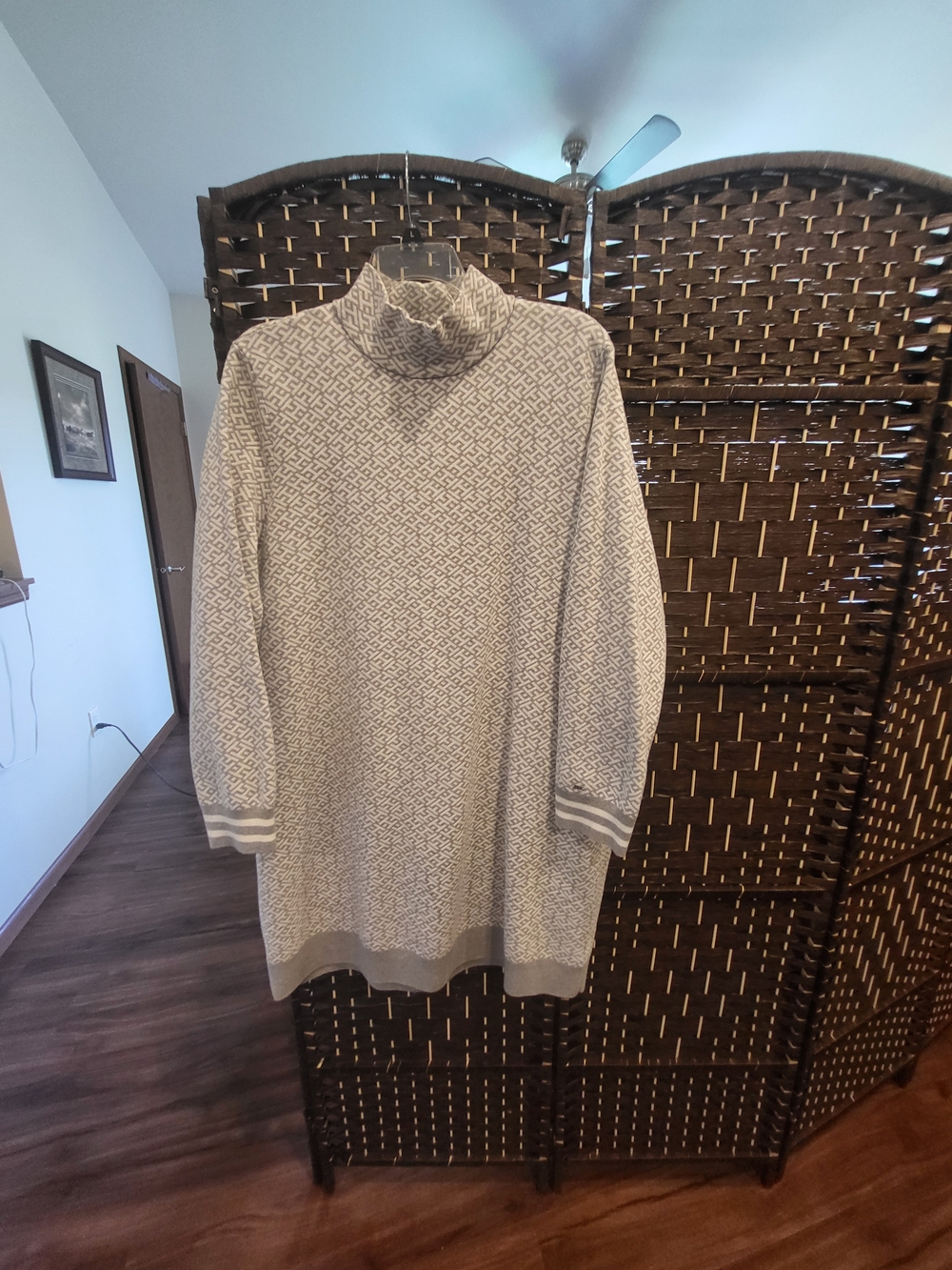 Tommy Hilfiger Cream and Gray Turtleneck Knit Knee Length  Dress
